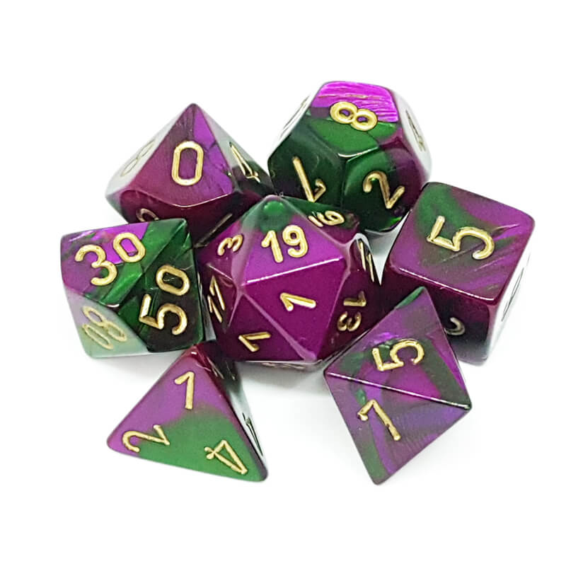 Chessex 26434 Gemini Green-Purple/Gold Dice Set - Imaginary Adventures